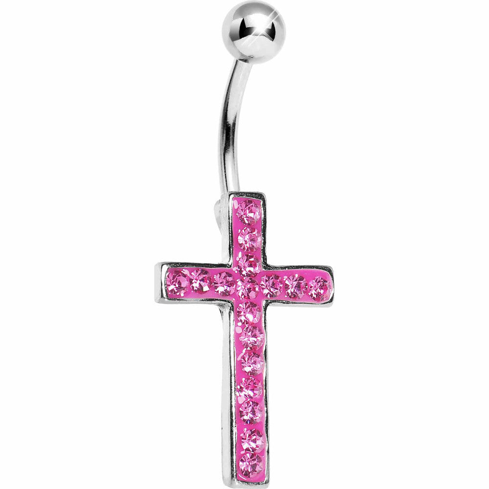 Pink Gem Paved Perfect Cross Belly Ring