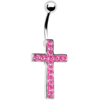 Pink Gem Paved Perfect Cross Belly Ring