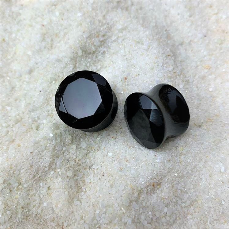 9/16 Black Agate Semi Precious Stone Faceted Double Flare Plug