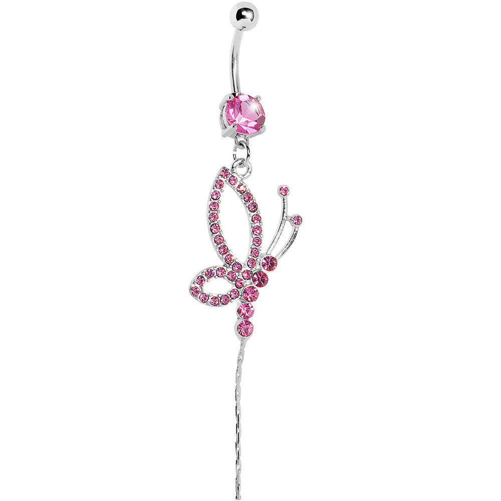 Pink Gem Side Flight Butterfly Drop Belly Ring