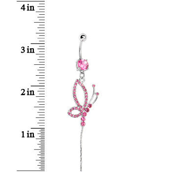 Pink Gem Side Flight Butterfly Drop Belly Ring