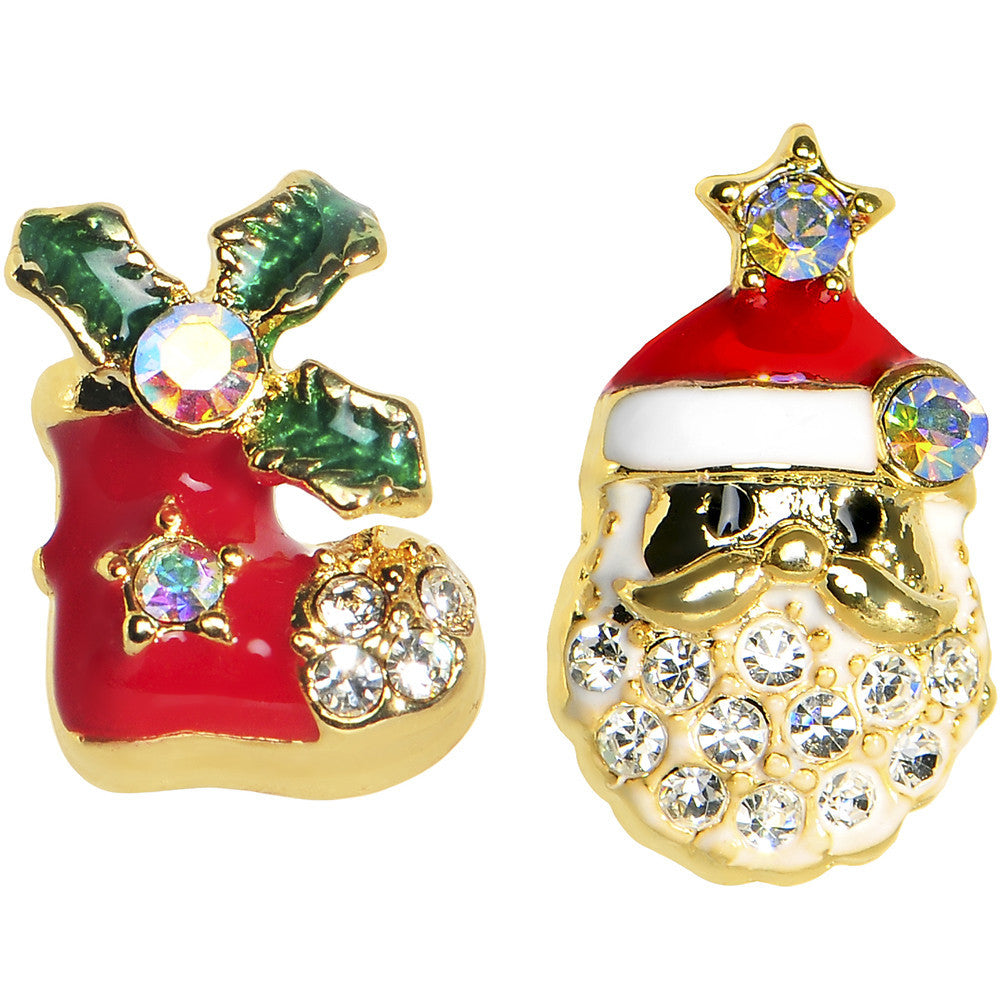 Gold Tone Gem Holiday Stocking Santa Claus Mixed Earring Set