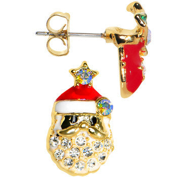 Gold Tone Gem Holiday Stocking Santa Claus Mixed Earring Set