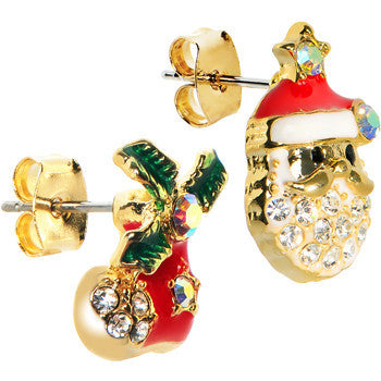 Gold Tone Gem Holiday Stocking Santa Claus Mixed Earring Set