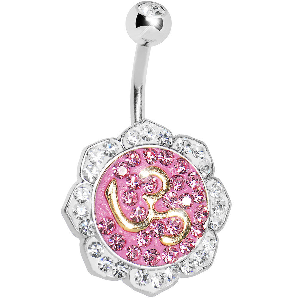 Crystalline Gem Pink Lotus Flower Ohm Belly Ring