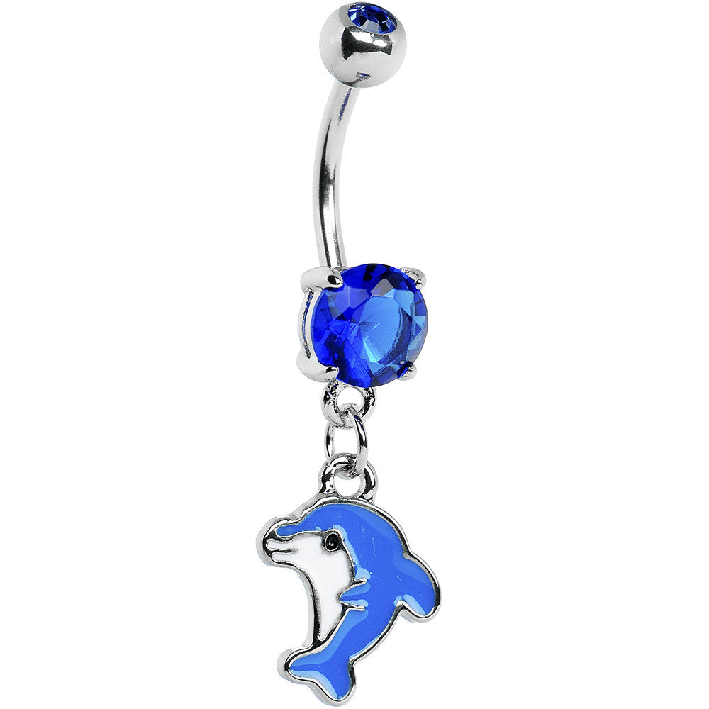 Sapphire Blue Gem Baby Dolphin Dangle Belly Ring