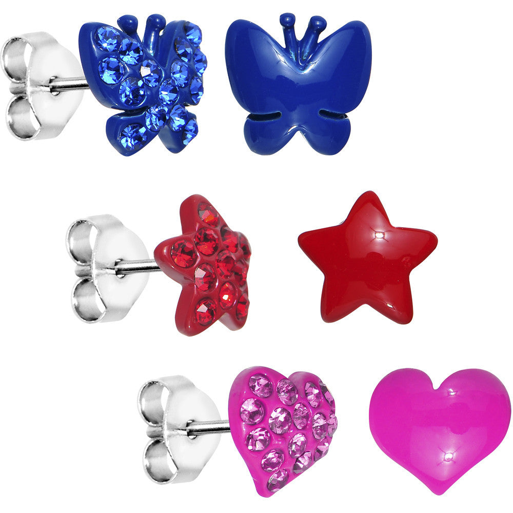 Sparkle and Shine Gem Heart and Star Earrings Set