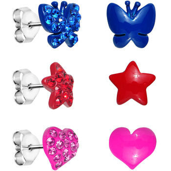 Sparkle and Shine Gem Heart and Star Earrings Set