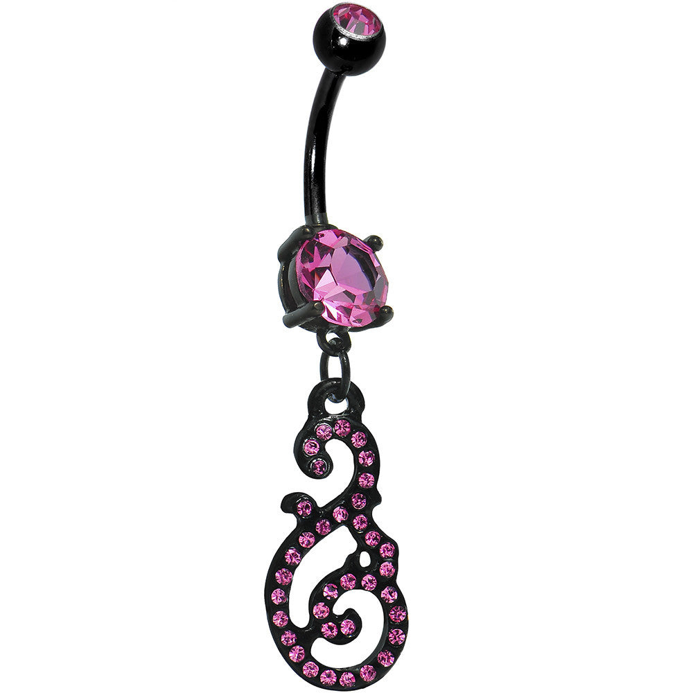 Pink Gem Black Paved Damask Floral Swirl Belly Ring