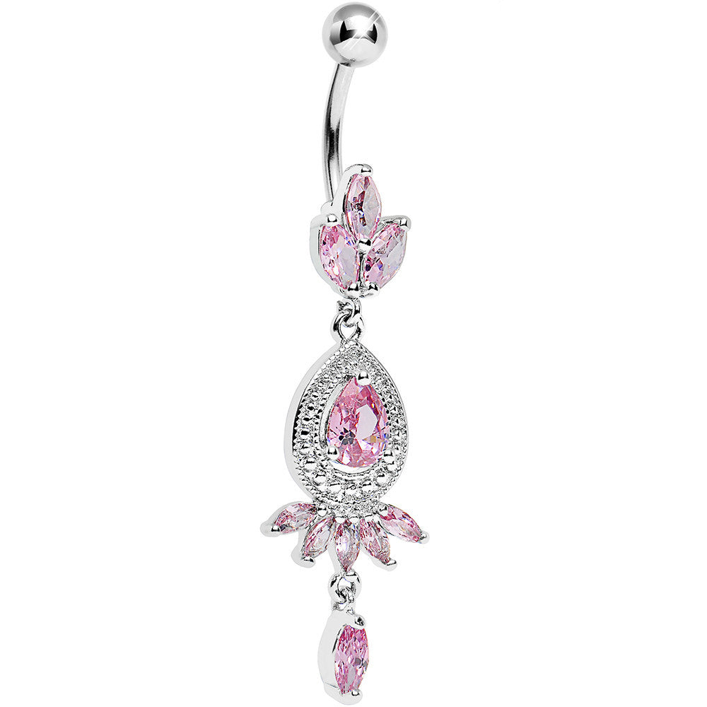 Pink Gem Exotic Floral Teardrop Dangle Belly Ring