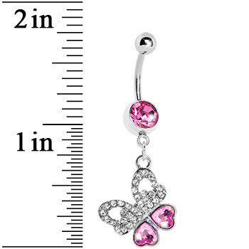 Pink Gem Paved Heart Wing Butterfly Belly Ring