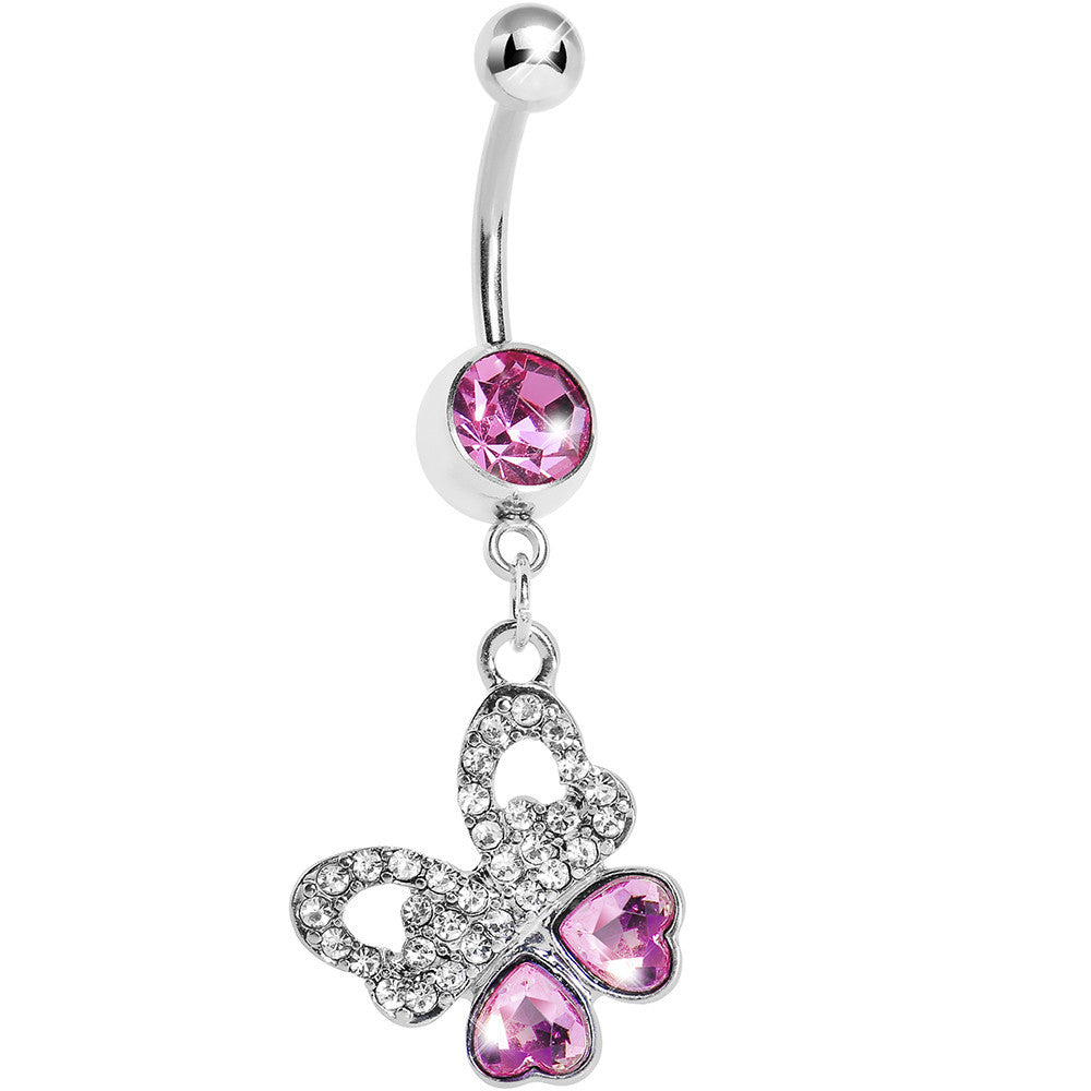 Pink Gem Paved Heart Wing Butterfly Belly Ring