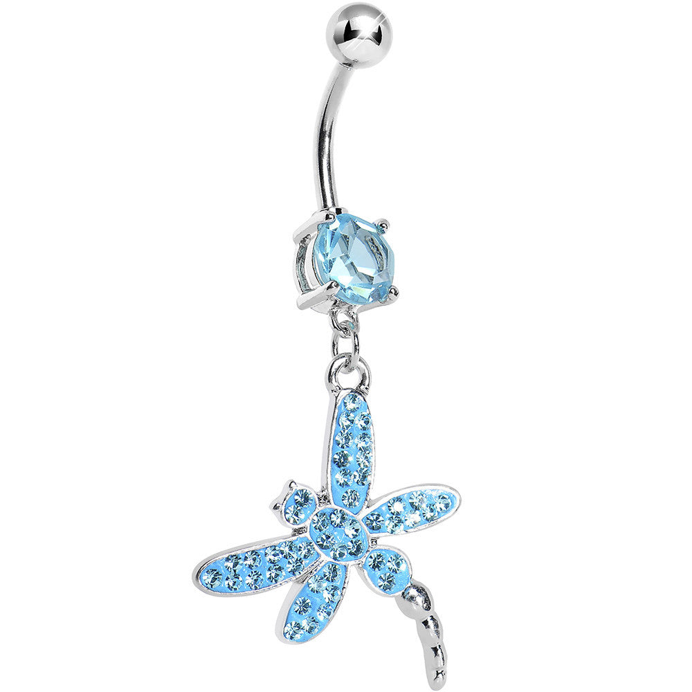 Aqua Gem Paved Dragonfly Dangle Belly Ring