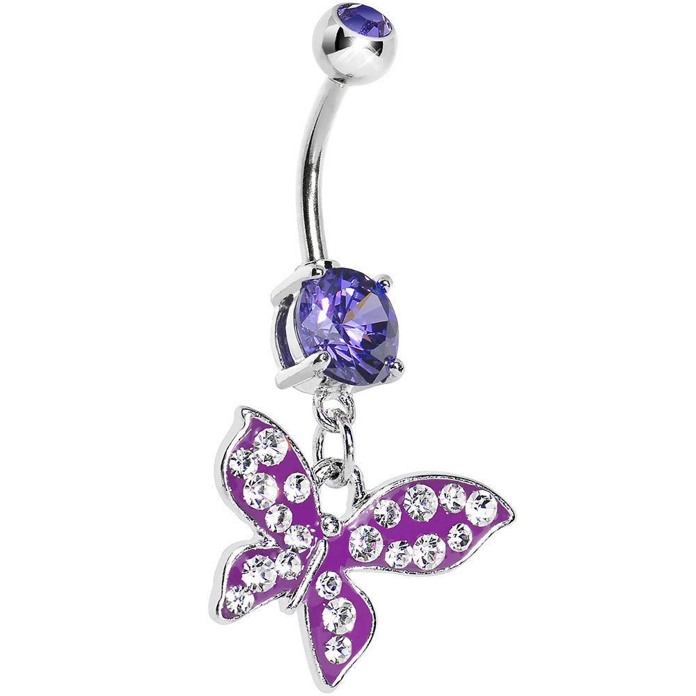 Violet Gem Paved Flyaway Butterfly Belly Ring