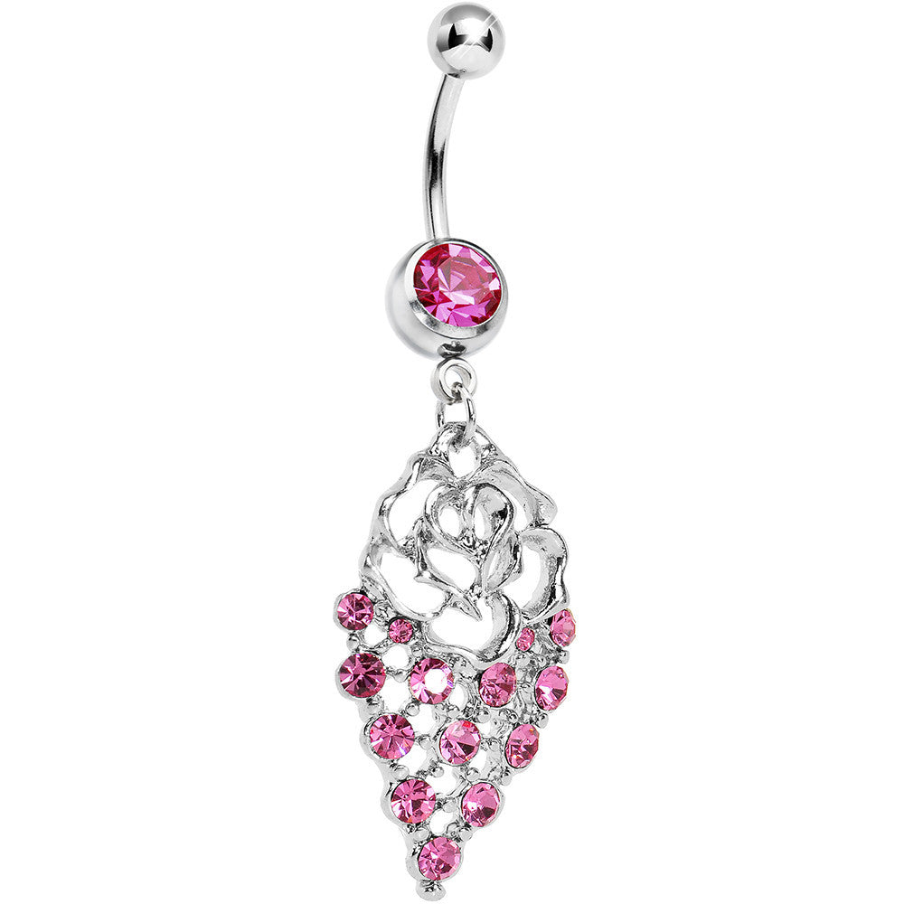 Pink Gem Rose Flower Drops Belly Ring