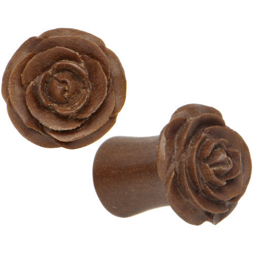 0 Gauge Organic Sabo Wood Rose Flower Hand Carved Plug Set