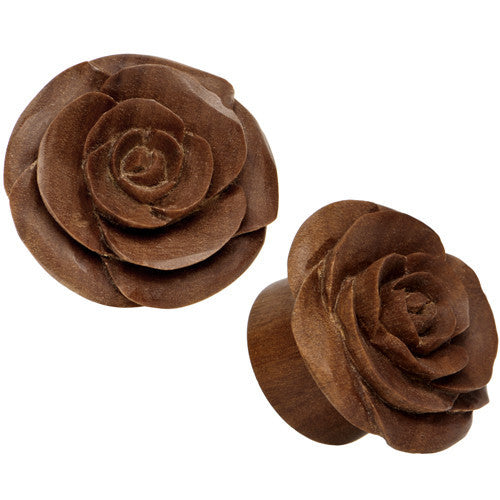 7/8 Organic Sabo Wood Rose Flower Hand Carved Plug Set