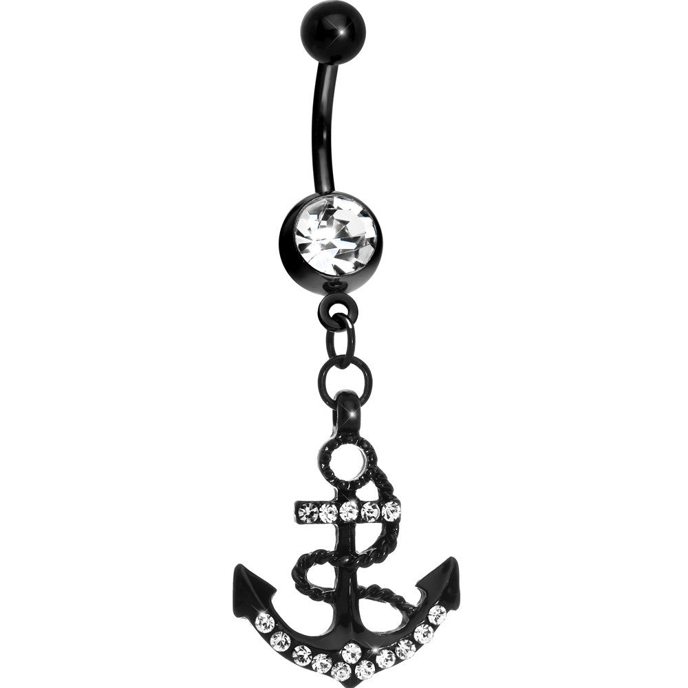 Crystalline Gem Paved Black Anchor Dangle Belly Ring