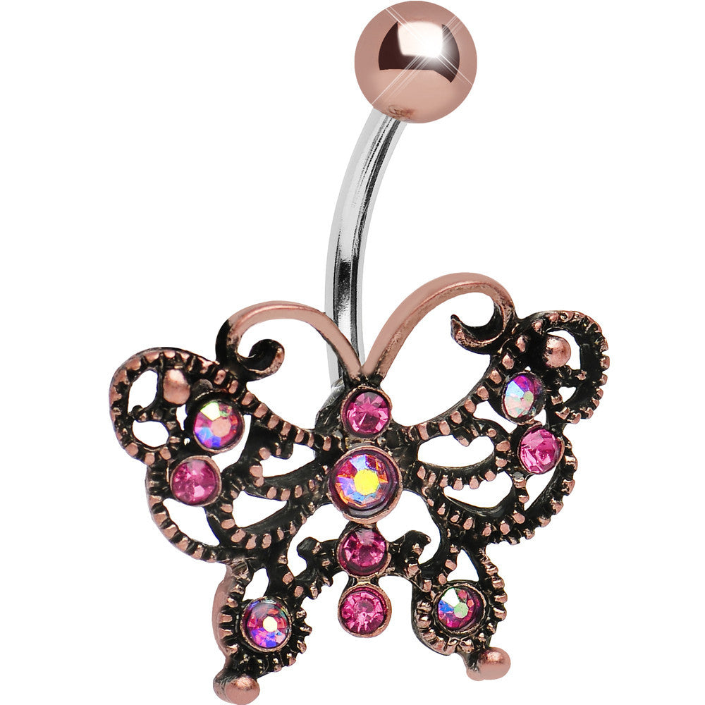 Pink Gem Antique Black Butterfly Belly Ring