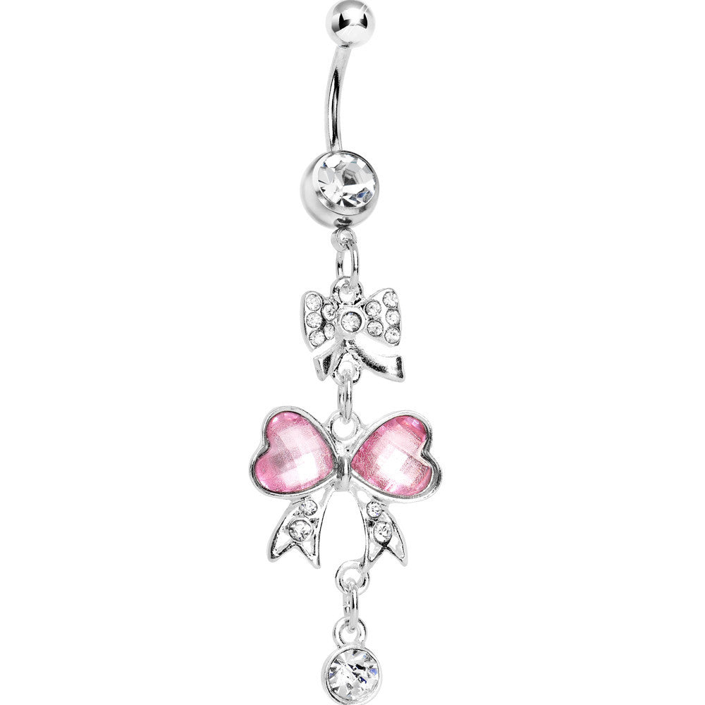 Clear Pink Crystal Bow Heart Dangle Belly Ring