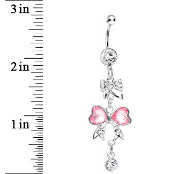 Clear Pink Crystal Bow Heart Dangle Belly Ring