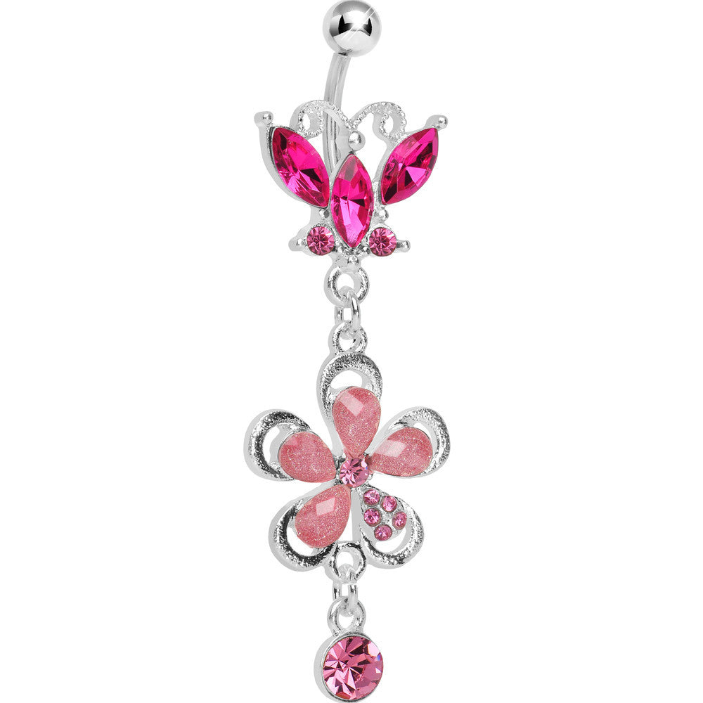 Pink Gem Butterfly Flower Drop Belly Ring