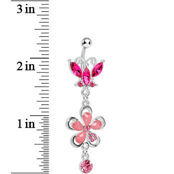 Pink Gem Butterfly Flower Drop Belly Ring