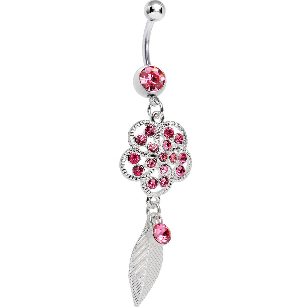 Pink Gem  Flower Falling Leaf Belly Ring