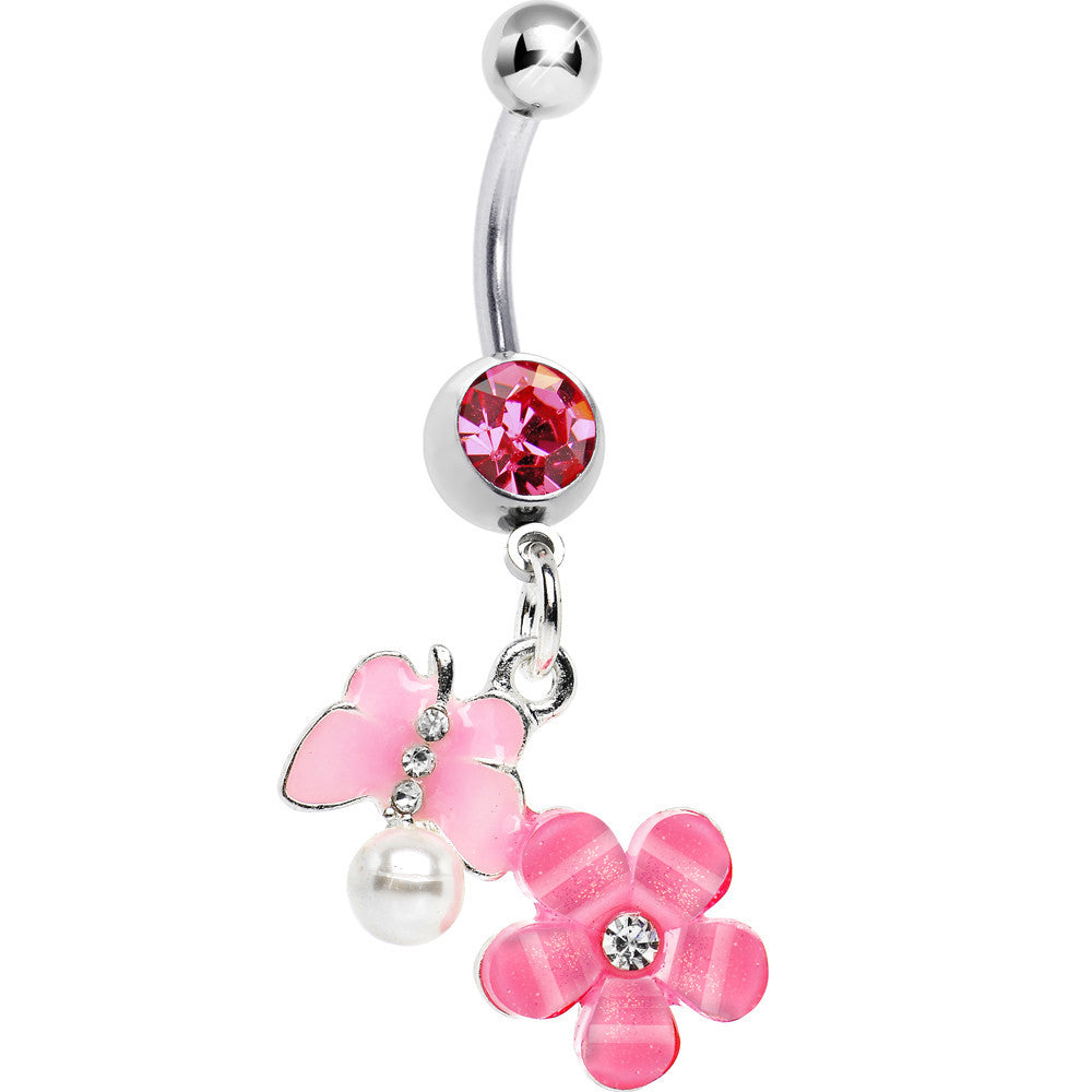 Tickled Pink Butterfly and Flower Faux Pearl Belly Ring