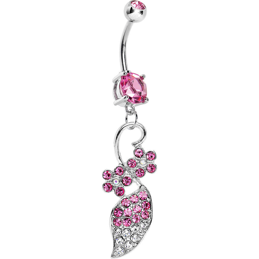 Pink and Clear Paved Gem Elaborate Floral Vine Belly Ring