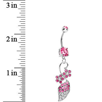 Pink and Clear Paved Gem Elaborate Floral Vine Belly Ring