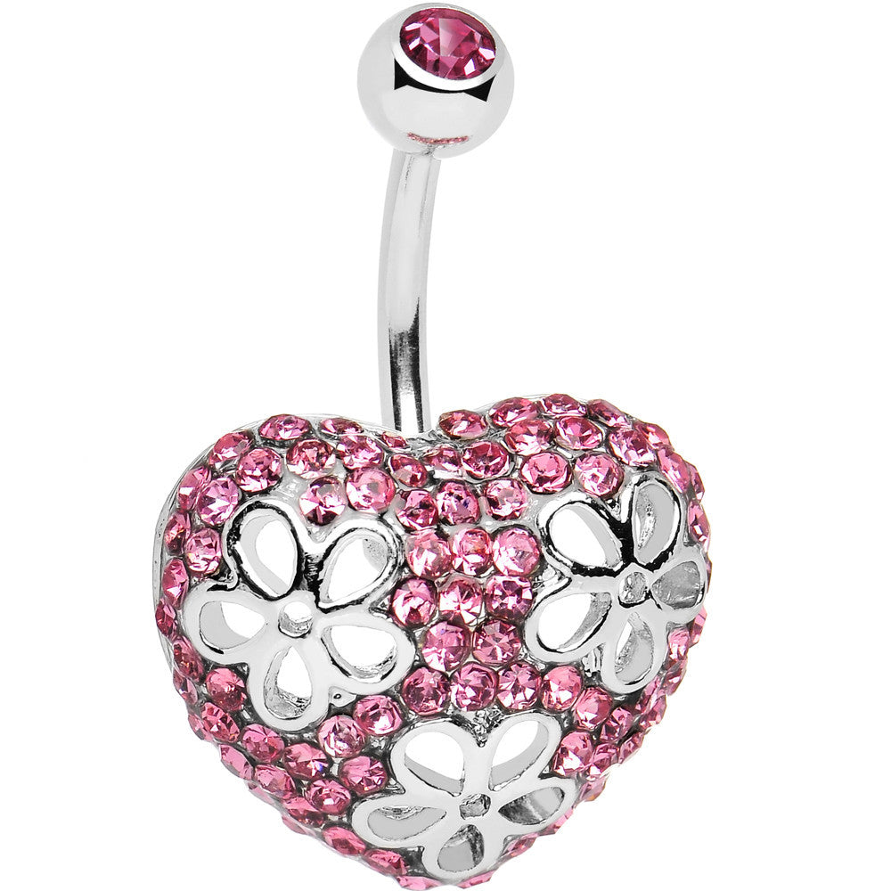 Pink Cubic Zirconia Paved Floral Heart Belly Ring