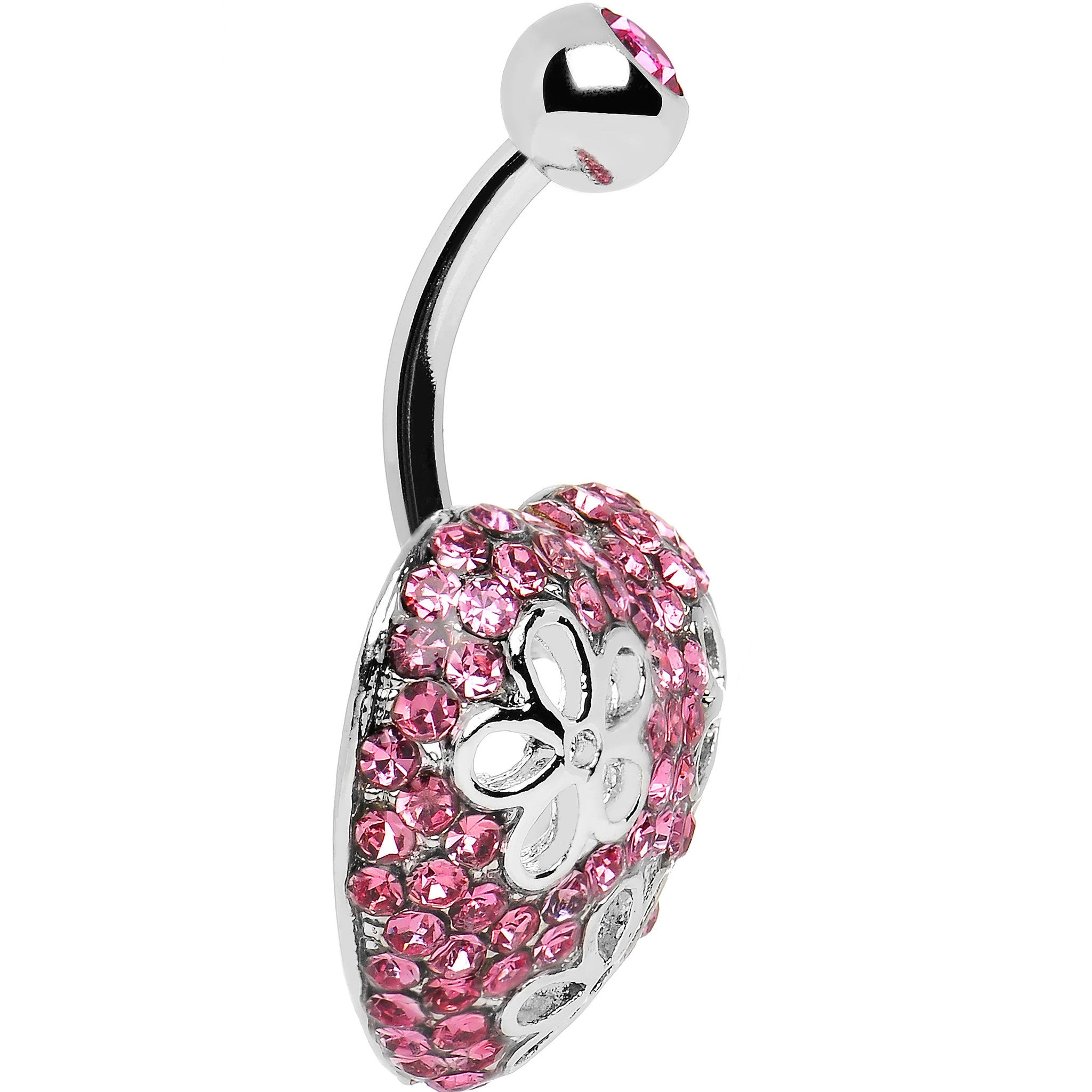 Pink Cubic Zirconia Paved Floral Heart Belly Ring