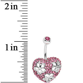 Pink Cubic Zirconia Paved Floral Heart Belly Ring