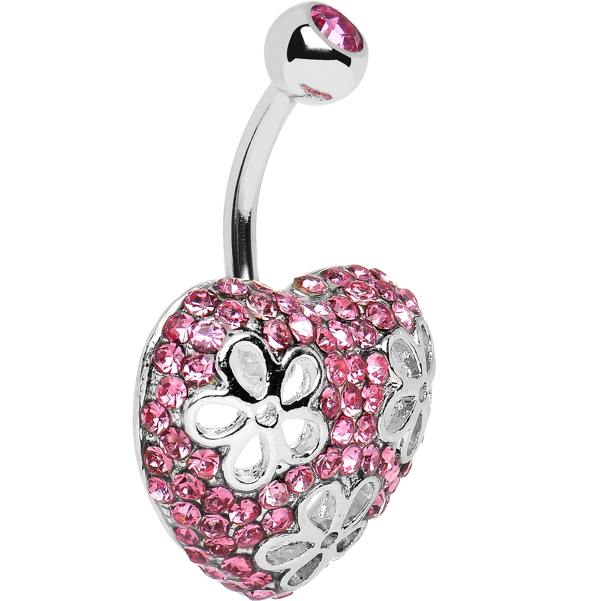 Pink Cubic Zirconia Paved Floral Heart Belly Ring