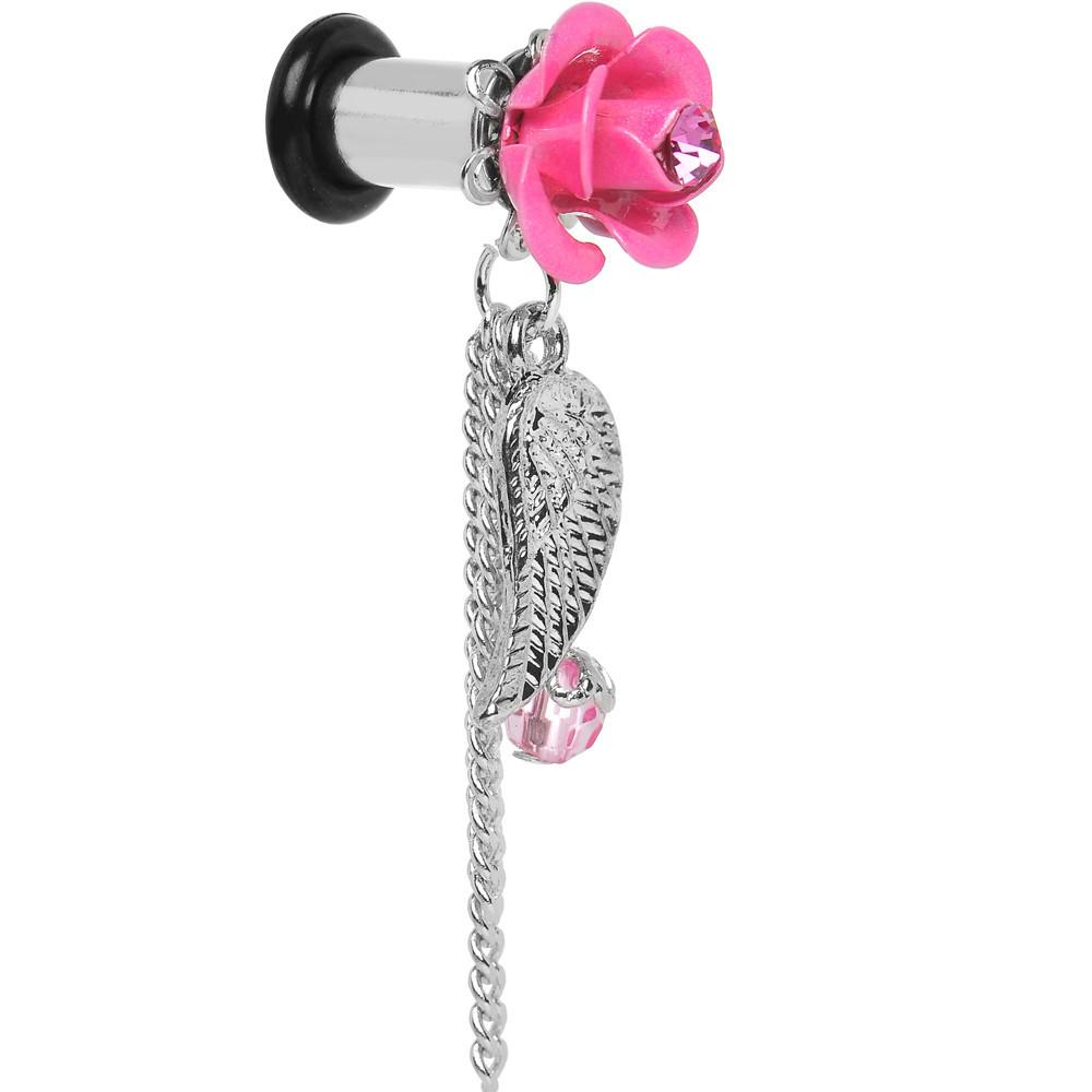 Pink Gem Rose Flower Angel Wing Dangle Plug Sizes 5mm to 12mm