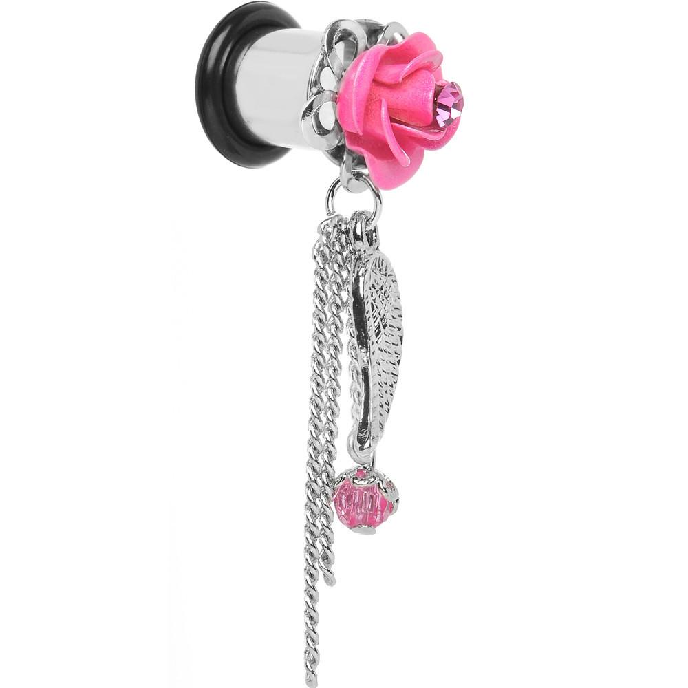 Pink Gem Rose Flower Angel Wing Dangle Plug Sizes 5mm to 12mm