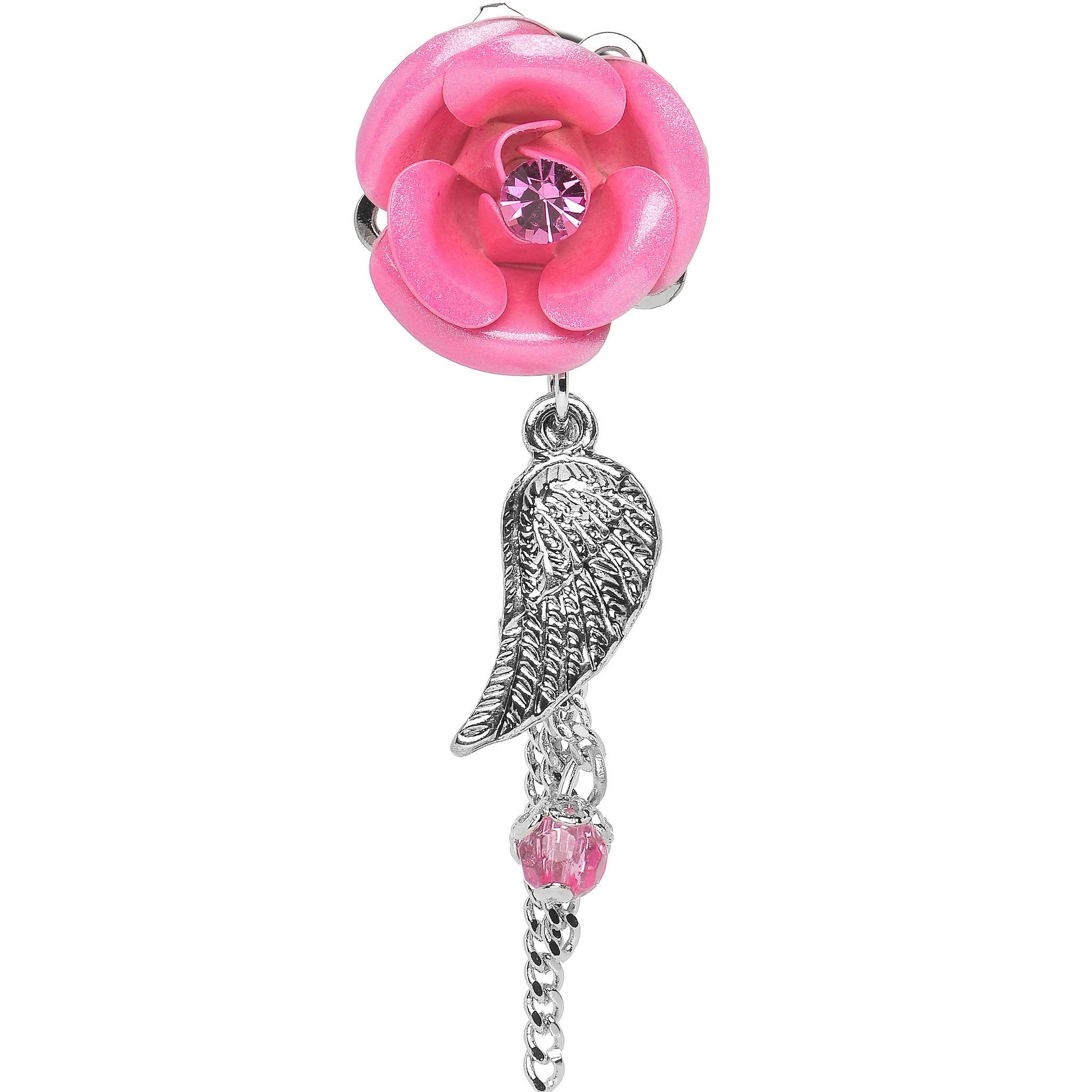 Pink Gem Rose Flower Angel Wing Dangle Plug Sizes 5mm to 12mm