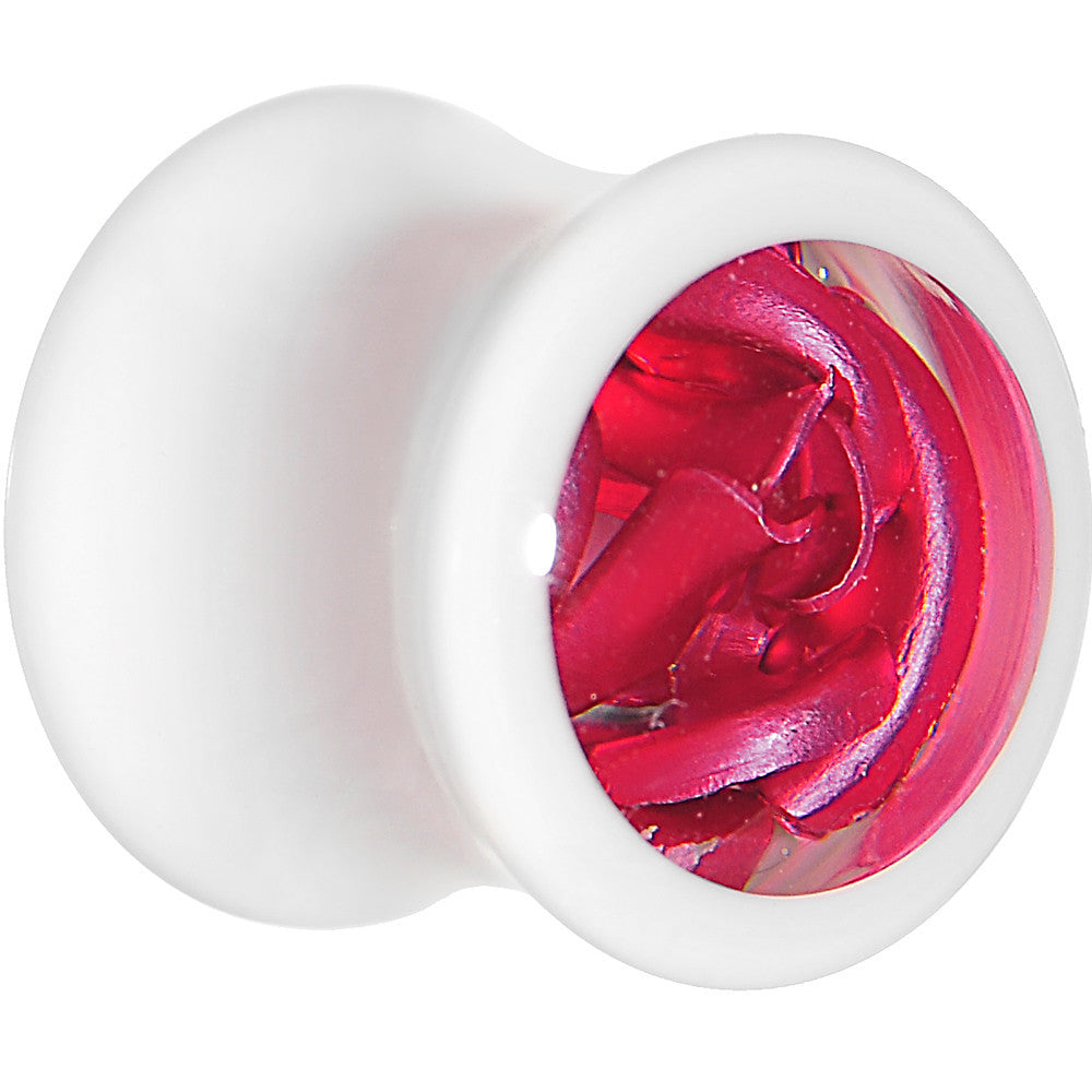 00 Gauge White Acrylic Pink Metallic Rose Flower Plug