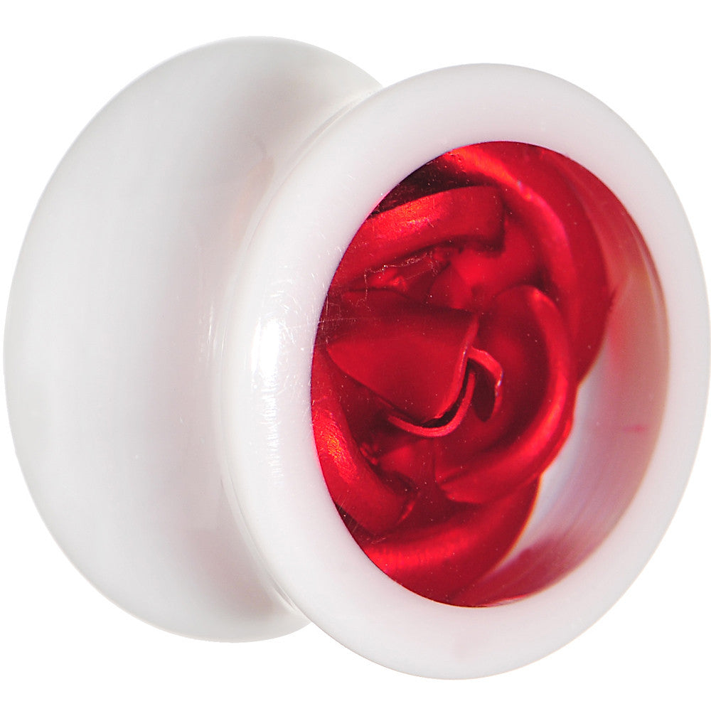 9/16 White Acrylic Red Metallic Rose Flower Plug