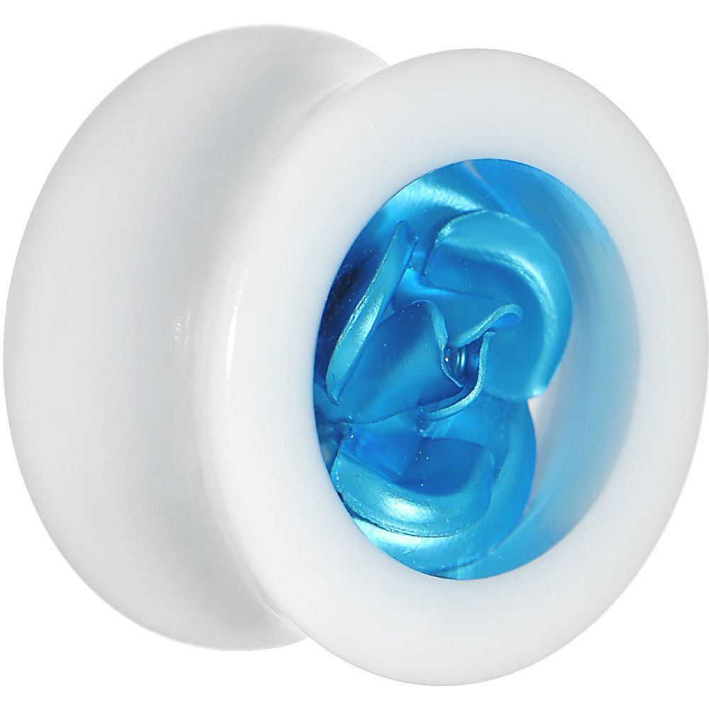 5/8 White Acrylic Aqua Metallic Rose Flower Plug