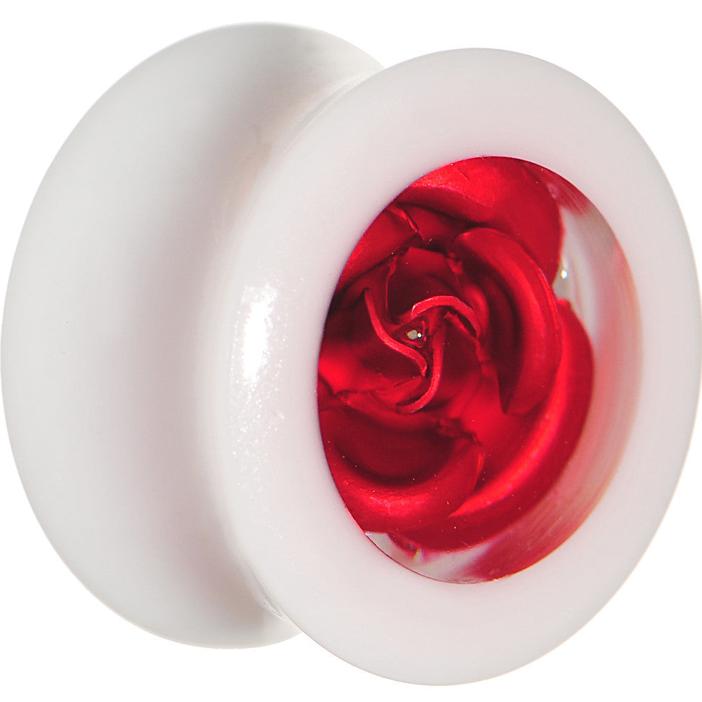 5/8 White Acrylic Red Metallic Rose Flower Plug