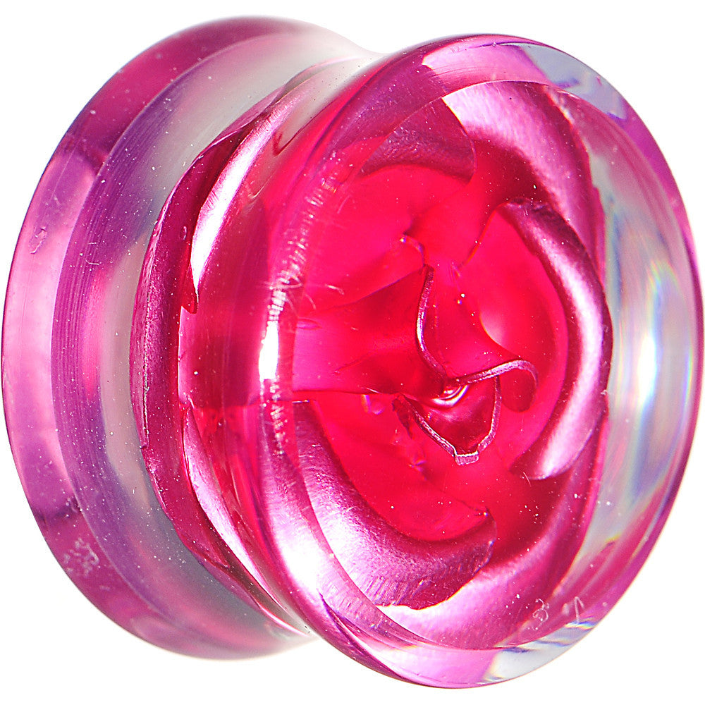 18mm Clear Acrylic Floating Pink Metallic Rose Flower Plug