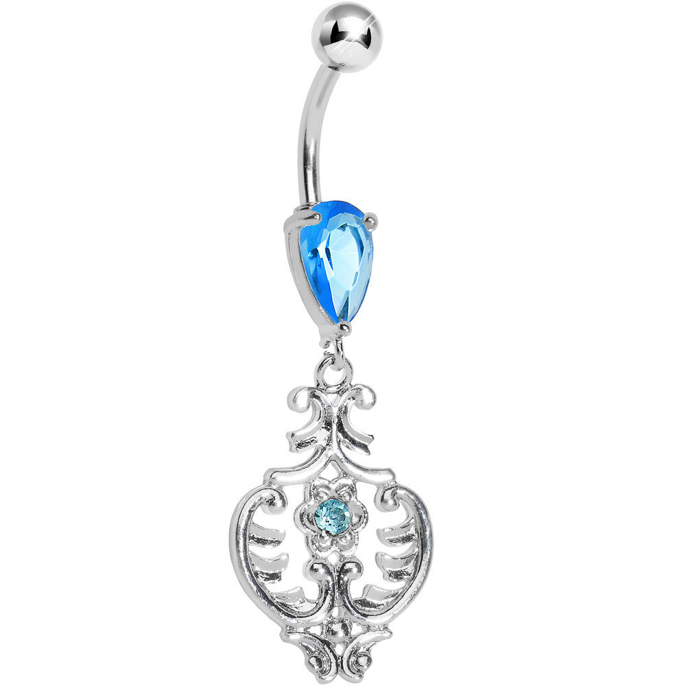 Aqua Jeweled Fancy Floral Dangle Belly Button Ring