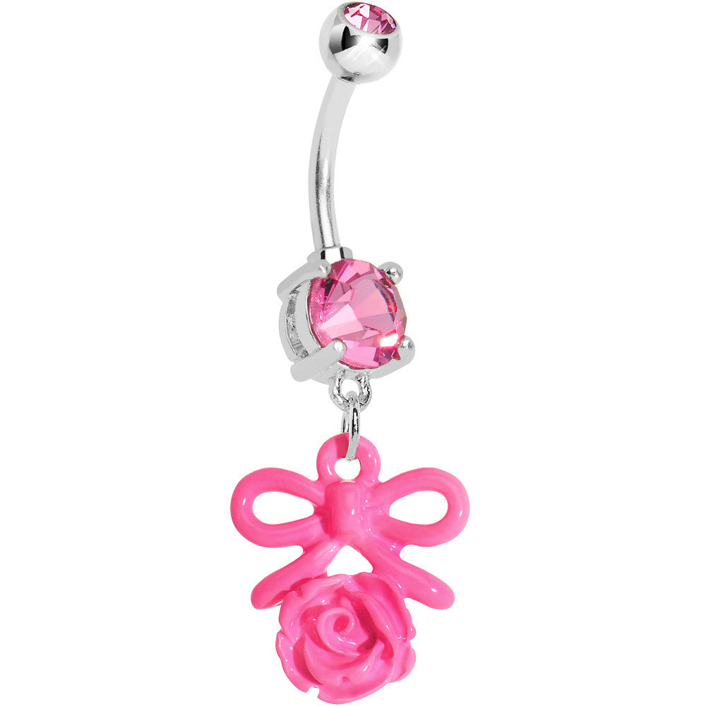 Pink Gem Feminine Bow and Rose Flower Belly Ring