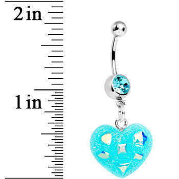 Crystalline Gem Aqua Glitter Heart Dangle Belly Ring