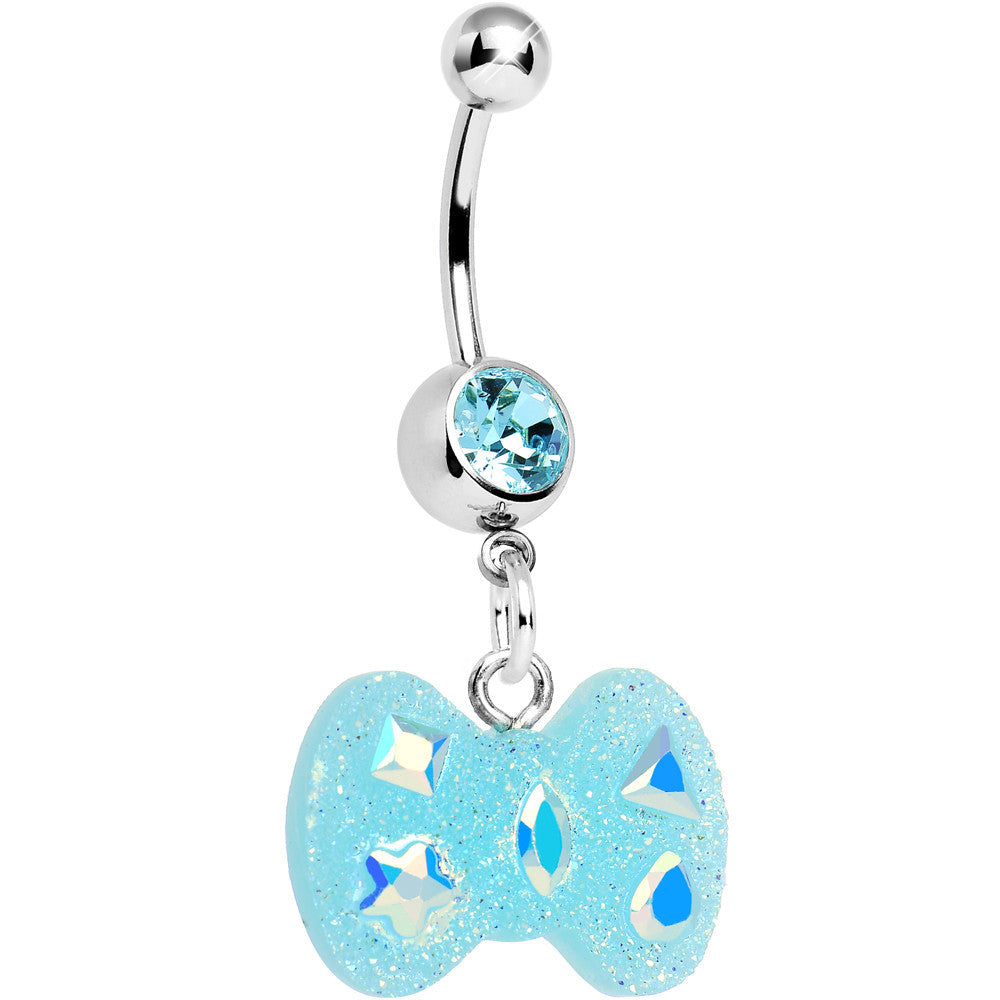 Crystalline Gem Aqua Glitter Bow Dangle Belly Ring