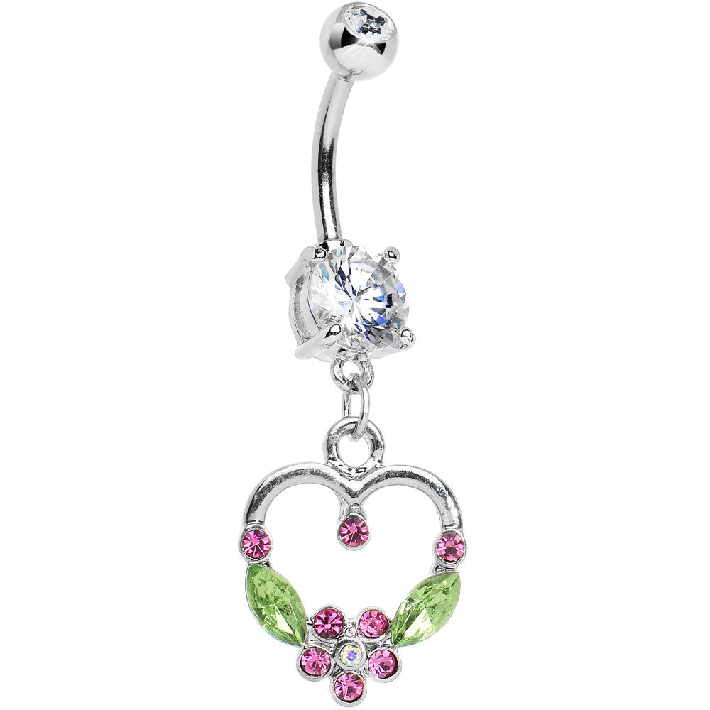 Crystalline Gem Floral Hollow Heart Dangle Belly Ring