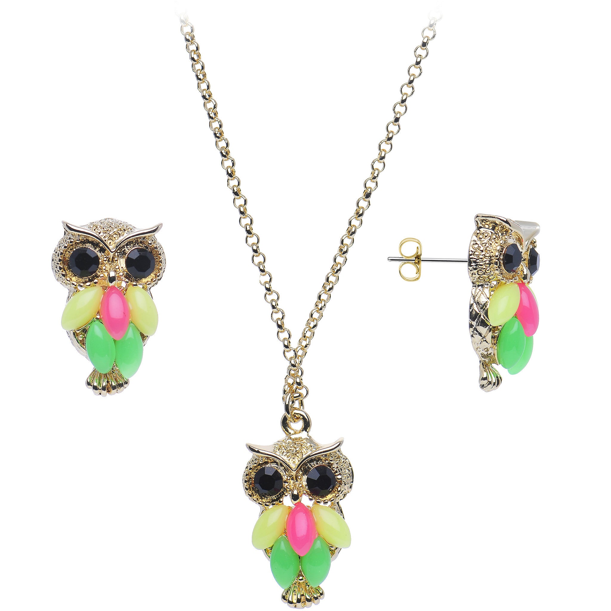 Multi Colored Neon Owl Necklace and Earring Set