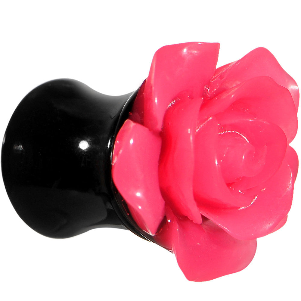 2 Gauge Acrylic Black Neon Pink Rose Flower Saddle Plug